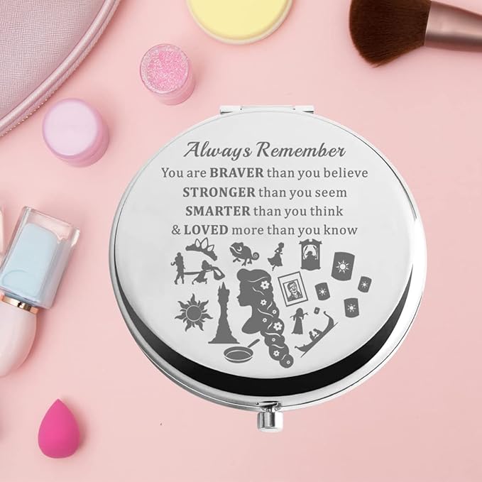KEYCHIN Princess Sun Pocket Mirror Fairytale Fans Gift You are Braver Stronger Than You Think Compact Makeup Mirror (Rapunzel-S)