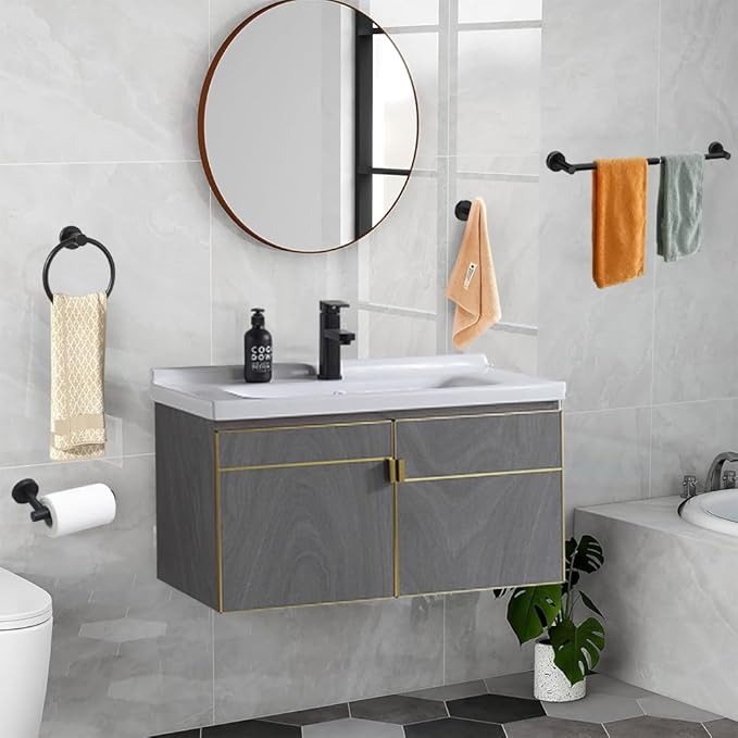 MGahyi 5 Pieces Bathroom Accessories Set, Stainless Bathroom Hardware Set, Extendable Towel Racks for Bathroom(12.8-24.8inch), Robe Towel Hooks Toilet Paper Holder Towel Ring (Black)