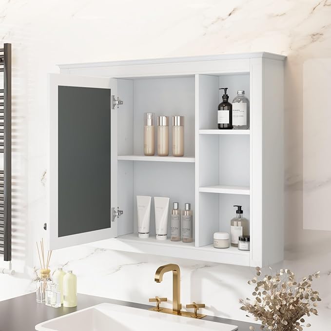 Merax 35''L Bathroom Medicine Storage Cabinet with Mirror Doors, Modern Wall Mount Toilet Toilet Organizers with 6 Open Shelves, White