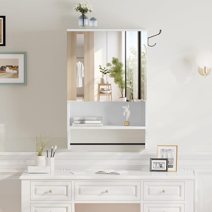 MAHANCRIS Bathroom Wall Cabinet with Mirror, Medicine Cabinet with 2 Door and Adjustable Shelf, Wall Mounted Over The Toilet Storage Cabinet for Bathroom Laundry Room Kitchen, 18.9"W x 26.2"H, White