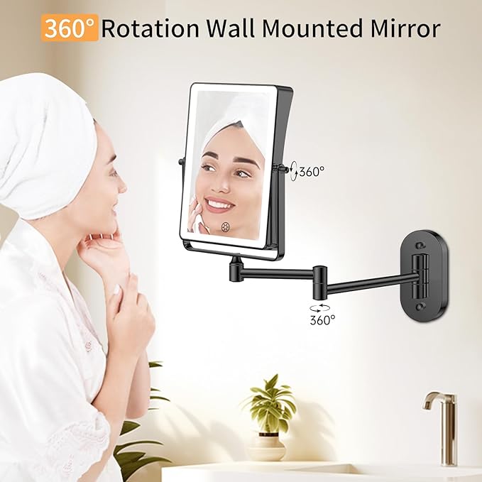 FUNTOUCH 5000mAh Rechargeable Wall Mounted Makeup Mirror with Lights, 8.7" Double Sided 1X/30X Magnifying Mirror with Dimmable 3 Color Light, Extended Swing Arm 360° Wall Mount Bathroom Vanity Mirror