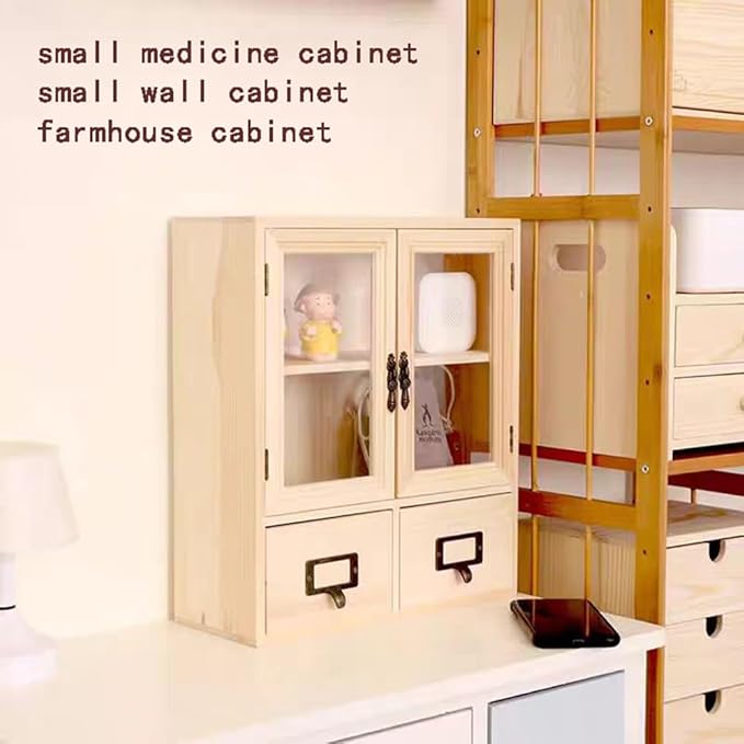 RZGKLSH Countertop Medicine Cabinet - 12.2"x4.7"x14.2"Vintage Cabinet - Pantry Storage - Glass & Wood Storage Cabinets with Doors and Shelves - Floating Shelf (Burlywood)