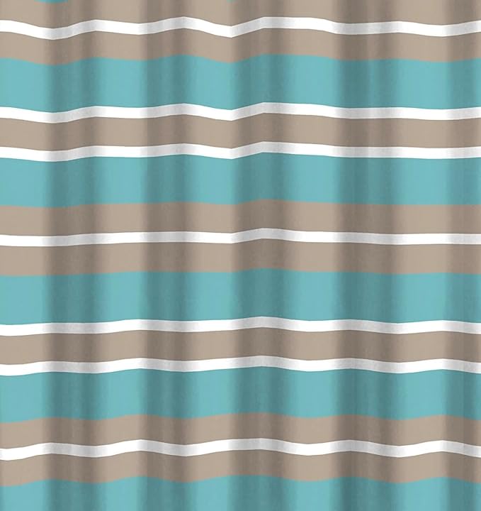 Serafina Home Striped Fabric Shower Curtain, Aqua Brown White Coastal Design, 70 x 72 Inches, with Hooks