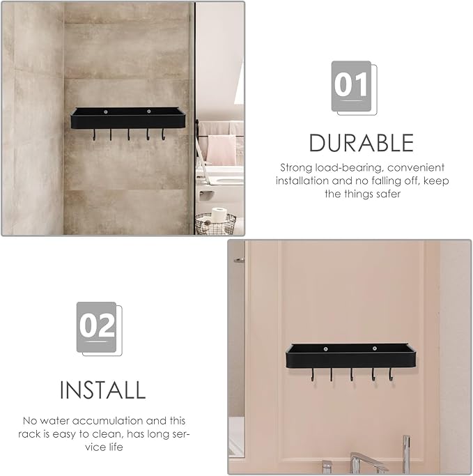TOYANDONA Wall-Mounted Bathroom Shelf Aluminum Floating Shelf 30cm Black No-Drill Storage Rack with Hooks, Household Wall Holder for Bathroom Organization and Home Supply