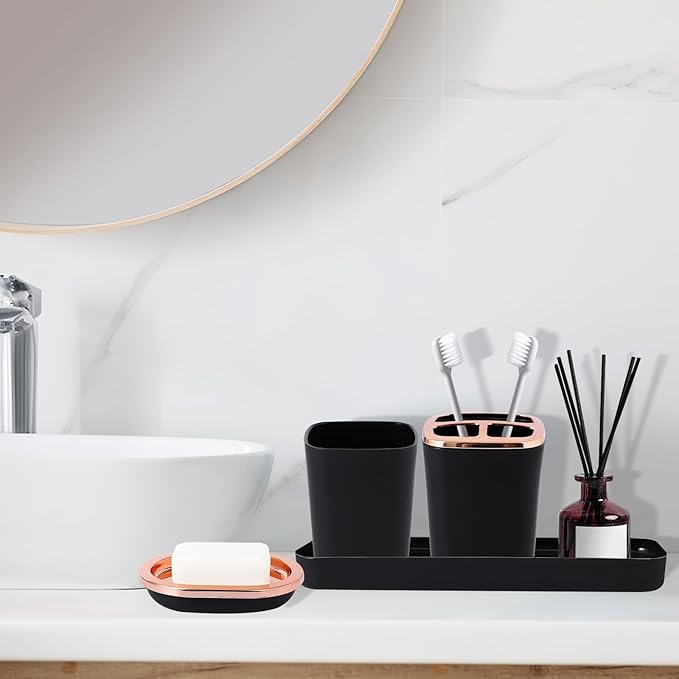 XLHOMO Black Bathroom Accessories, 9-Piece Black Bathroom Set with Trash Can, Vanity Tray, Soap Dispenser, Soap Dish, Toothbrush Holder, Toothbrush Cup, Toilet Brush and Qtip Holders
