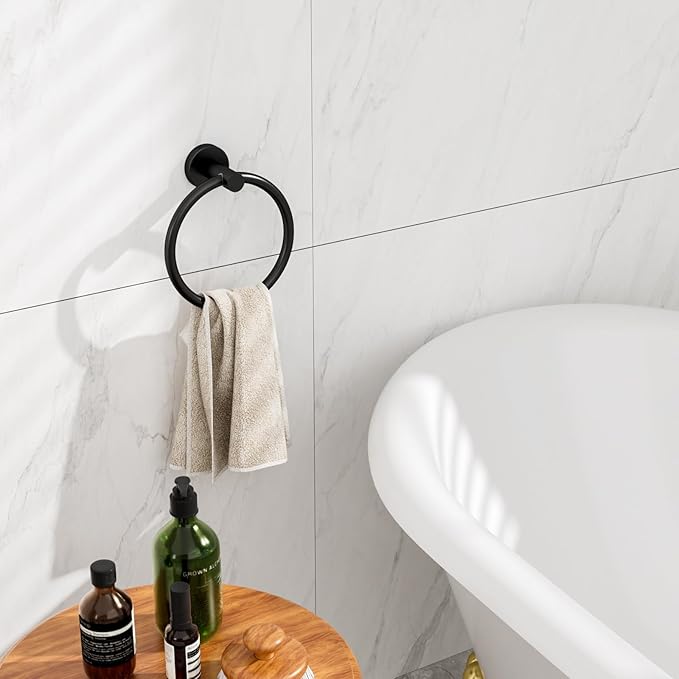 Towel Rings for Bathroom Wall Mount, SUS 304 Stainless Steel Hand Towel Holder, Modern Shower Hardware, Black, 1-Pack