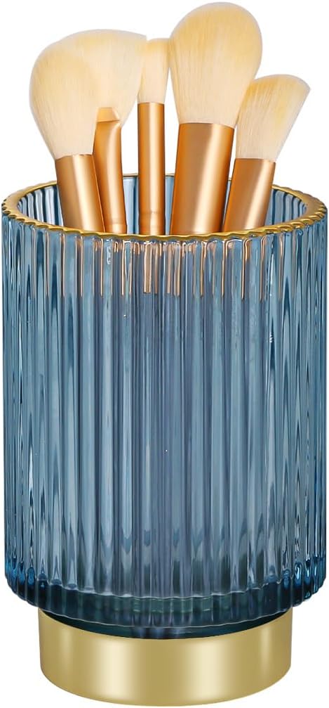 Glass Makeup Brush Holder,Gold Toothbrush Holders,Cute Make Up Brush Cup Holder,Vintage Vanity Makeup Organizer for Bathroom and Desktop (Blue)