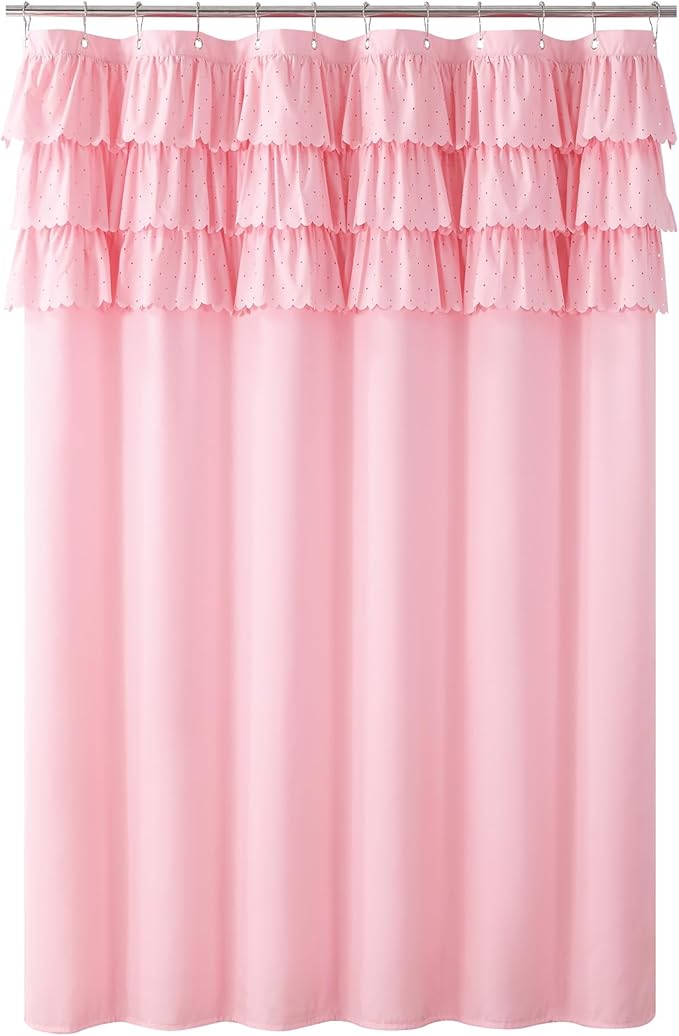 Pink Ruffle Shower Curtain with Small Holes, Girls Women Fabric Shower Curtain with Delicate Handcrafted Ruffles, Waterproof Ruched Farmhouse Decorative Bathroom Curtain, 72" W x 72" H