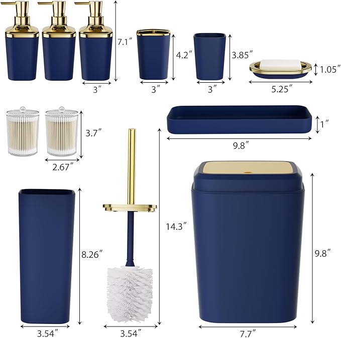Bathroom Set — Blue Bathroom Accessories Set, 11PC Bathroom Accessory Set, Blue Bathroom Set with Push-lid Trash Can, 3PC Soap Dispensers, Toilet Brush & Qtip Holders