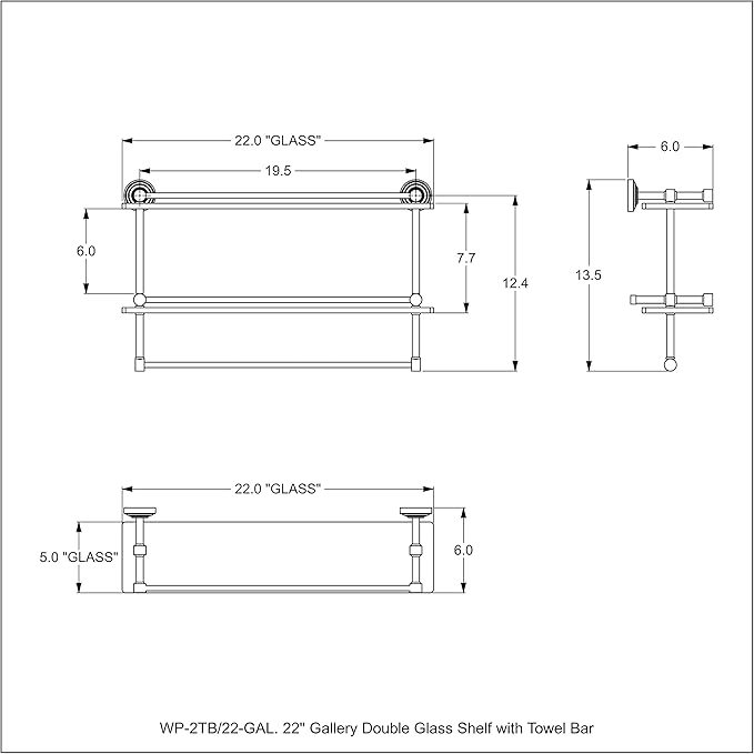 Allied Brass WP-2TB/22-GAL-ABZ Wp 2 Tb Gal Inch Gallery Double Towel Bar Glass Shelf, 22 Inch, Antique Bronze