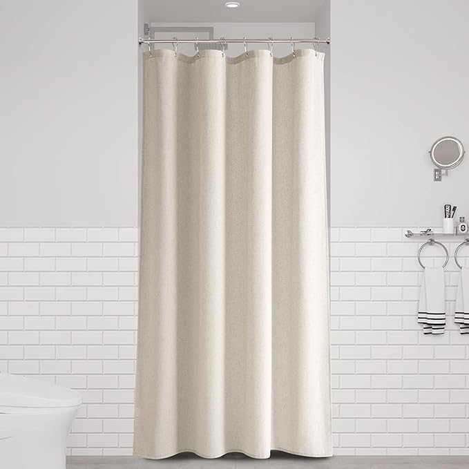 Naturoom 48 Inch Shower Curtain - Stall Narrow Half Green Linen Ultra Thick Fabric Shower Curtain Set with Hooks, Boho Farmhouse Rustic RV Camper Bath Curtains for Bathroom, Apricot, 48x72