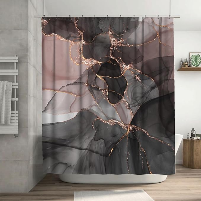 Ansouyi 4Pcs Bathroom Shower Curtain Sets with Non-Slip Rugs, Toilet Lid Cover and Bath Mat, Abstract Pink Gold Black Marble Durable Waterproof Shower Curtain for Bathroom Set, 72x72 Inch