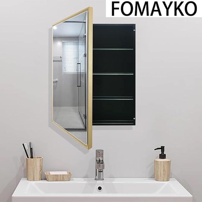 Bathroom Medicine Cabinet with 24x30 Inch Mirror - Recessed or Surface Mount Vanity Storage Cabinet| Antique Brush Gold Finish | Rustic Farmhouse Bathroom Mirror Cabinet