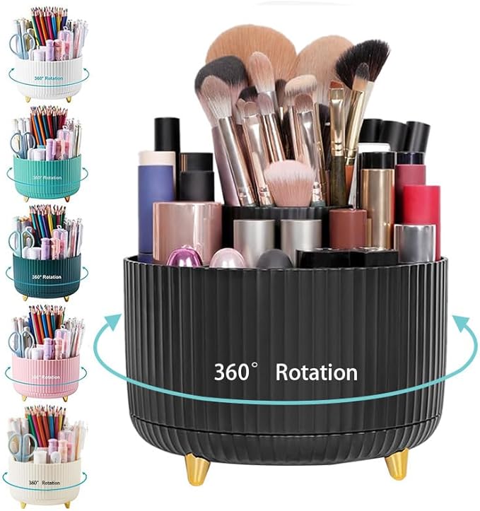 Makeup Brush Holder,360° Rotating Makeup Brush Organizer,5 Slot Make up Brushes Cup for Cosmetics,Large Capacity,For Nail Polish, Art Supply, Bathroom Vanity,Cosmetics Organizer,Black
