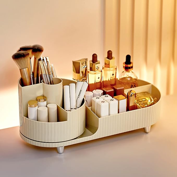 Rotating makeup organizer,Large Capacity Cosmetic Display Case, easy to hold all of your makeup products, at least 20 makeup brushes/eyeliner,10 lipsticks,8 skincare products(Ivory)