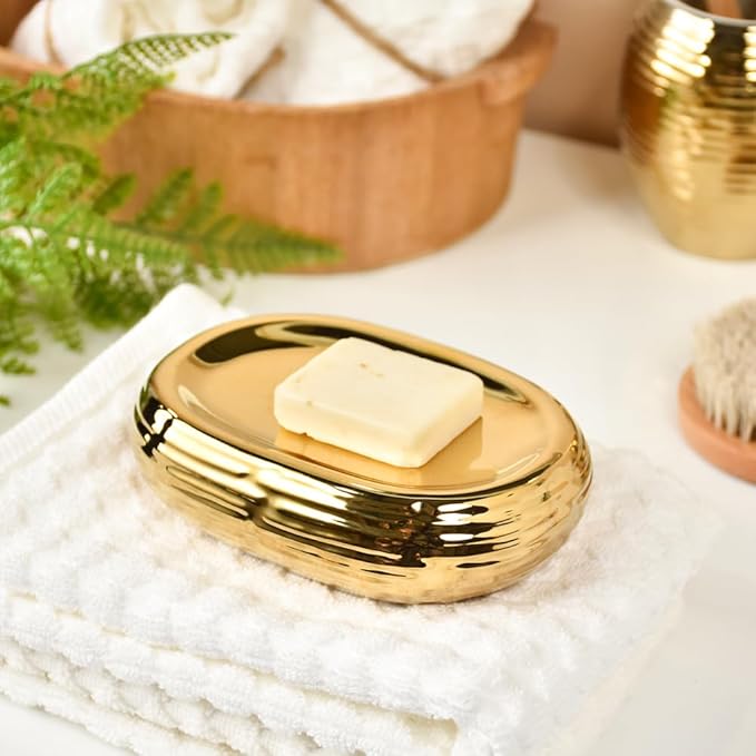 Gold Bathroom Accessory Set - 3 Piece Striped Style Decorative Ceramic Bathroom Accessories Sets with Lotion Soap Dispenser, Toothbrush Holder/Tumbler and Soap Dish, Golden Gift Set for New Home Decor