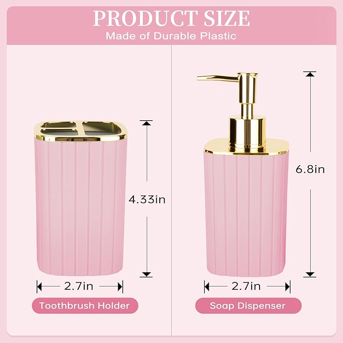 2PCS Bathroom Accessories Set, Pink Bathroom Accessories Include Soap Dispenser and Toothbrush Holder for Boho Bathroom Decor