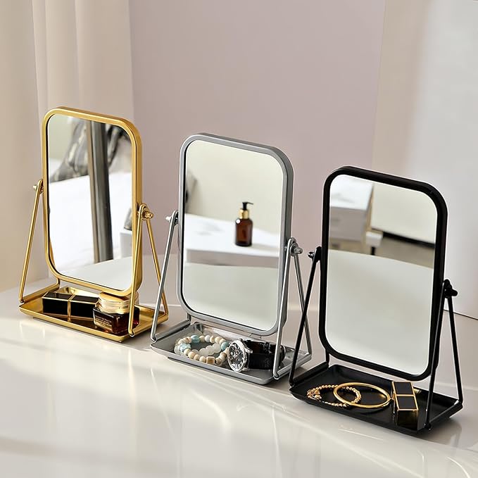 Gold Desk Mirror Rectangular Tabletop Vanity Makeup Mirrors with Metal Stand and Storage 360°Rotation Adjust Table Mirror Portable Cosmetic Mirrors for Dressing Bathroom Bedroom