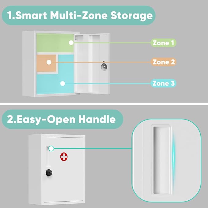 POKIPO Wall Mount Locking Medicine Cabinet, Empty Metal Medicine Storage Box with All-Metal Digit Lock, Bathroom Cabinet Organizer Over the Toilet, Keyless First Aid Box for Home School Business