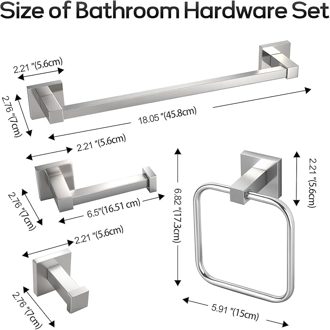 Brushed Nickel Bathroom Hardware Set 4 Piece, Towel Rack Set for Bathroom, Towel Bar Toilet Paper Holder Set SUS304 Stainless Steel -18In Towel Bar, Paper Toilet Holder, Square Towel Ring, Towel Hook
