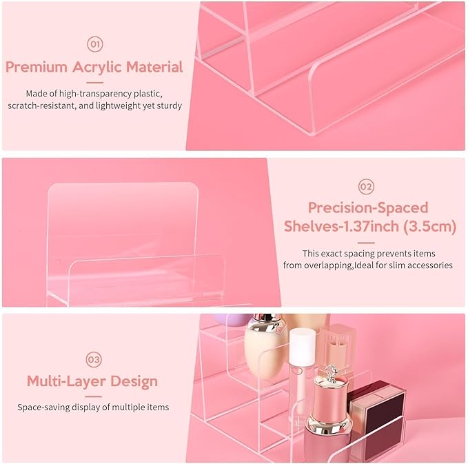 6-Tier Acrylic Purse Display Stand,Clear Wallet Display Organizer Handbag Stand Jewelry Shelf Plastic Perfume Stands Acrylic Shelf Risers Nail Polish Rack for Sunglasses Props Cosmetic Purse Handbag