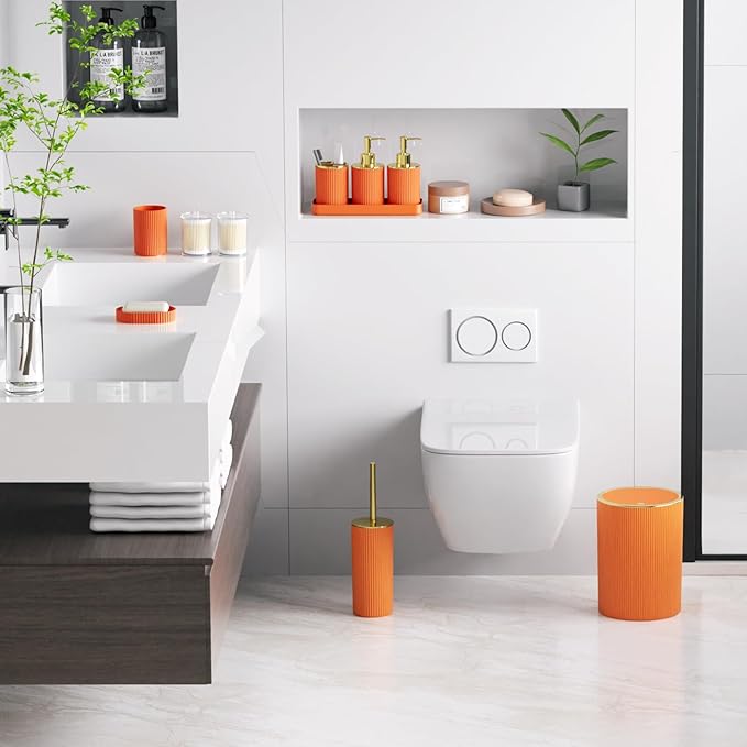 Orange Bathroom Accessories Set, 10PC Bathroom Set, Bath Accessory with Pop Up Trash Can, Soap Dispenser, Toilet Brush, Toothbrush Set Qtip Holders & Tray