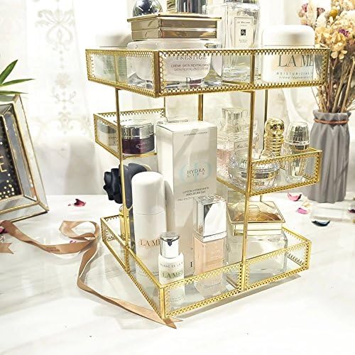Hersoo 360 Degree Rotation Makeup Organizer Antique Countertop Cosmetic Storage Box Mirror Glass Beauty Display, Gold Spin Large Capacity Holder for Brushes Lipsticks Skincare Toner