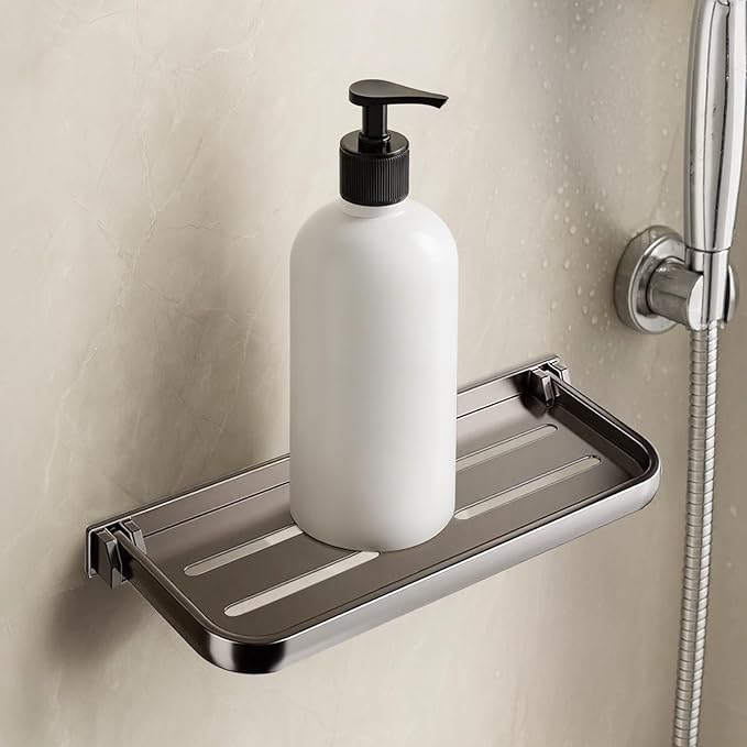 Folding Bathroom Shelf, 12 In, Aluminum, No Drill, Gray, Space Saving