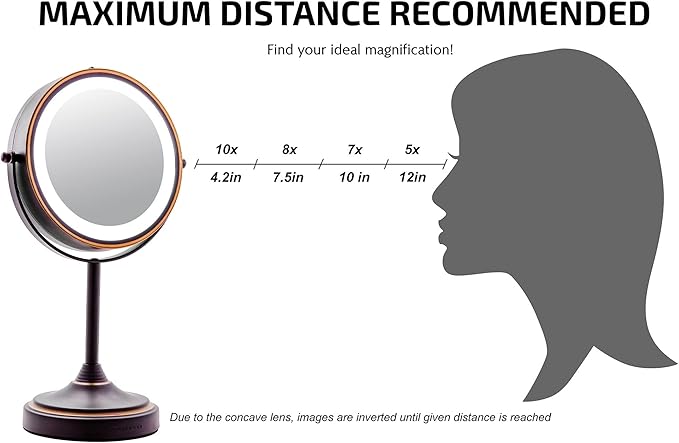 OVENTE 7'' Lighted Makeup Mirror with 1X/7X Magnification, Cordless Tabletop Mount Vanity Mirror with 360° Swivel Design & Double Sided Glow Cosmetic White LED Ring Light, Antique Bronze MCT70ABZ1X7X