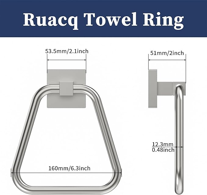 RUACQ Towel Ring, Square Base Hand Towel Ring, Stainless Steel Hand Towel Holder for Bathroom Wall, Sturdy and Rust-Resistant (Brushed Nickel, 2Pack)