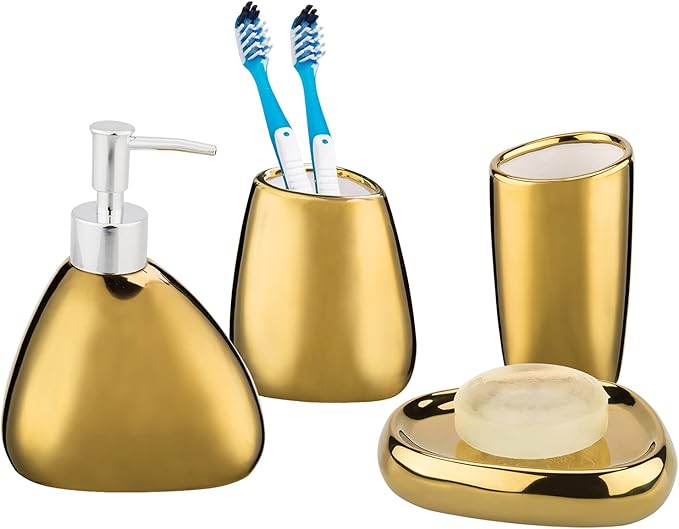 MyGift 4 Pcs Gold Bathroom Accessories Set with Toothbrush Holder, Soap Dispenser, Tumbler and Soap Dish, Bathroom Organizer Accessory for Modern Home Decor, Complete Ceramic