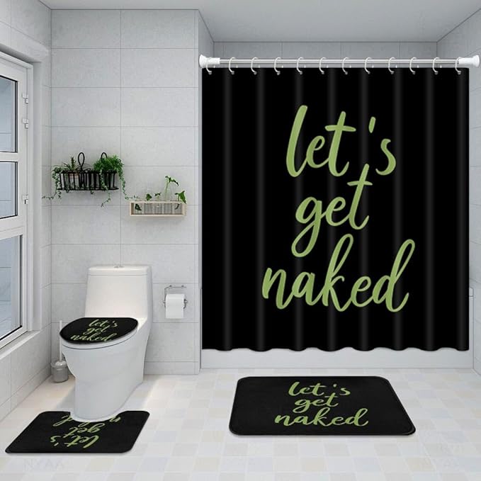 ArtSocket 4PC Green Let's Get Naked Shower Curtain Sets Black Bathroom Decor with Rugs, Non-Slip Rug,Toilet Lid Cover, Bath Mat and 12 Hooks 72x72 inches
