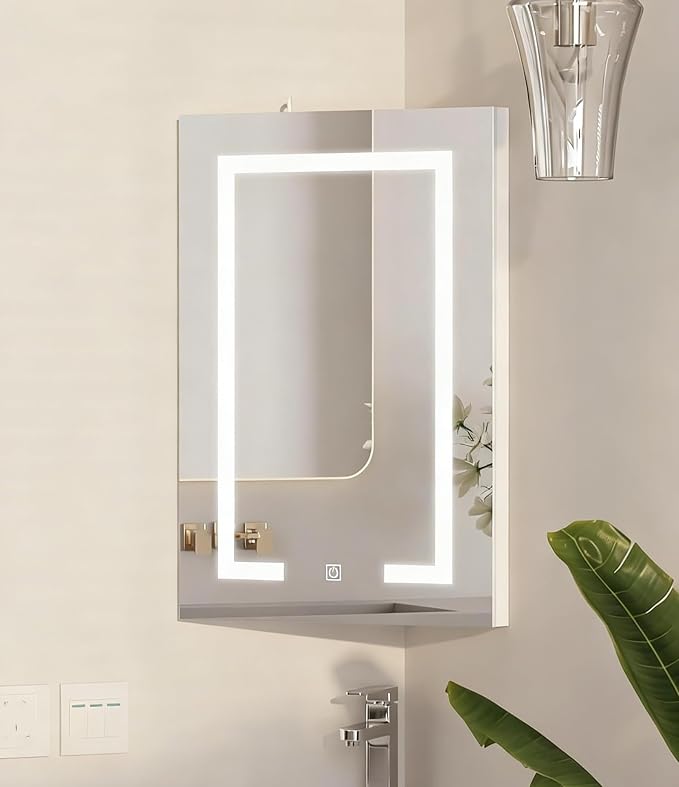 Corner Medicine Cabinet with Mirror,Lighted Medicine Cabinet with 2 Storage Shelf, 24" Bathroom Mirror Cabinet,Wall Mounted,Opens Right to Left,White,24" x16"