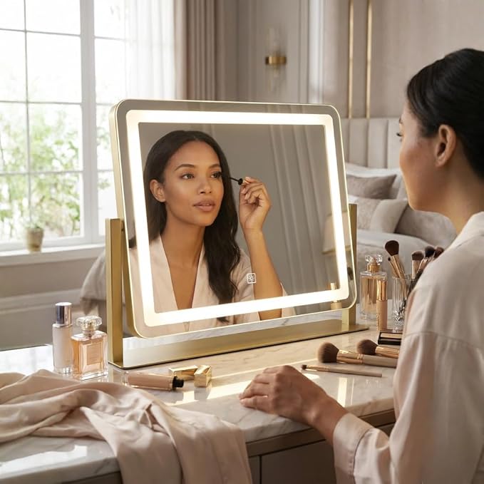 Vanity Mirror with Lights, 17''x22'' Lighted Makeup Mirror, LED Makeup Mirror, Dimmable, Smart Touch with 3-Color Lighting Modes, for Bedroom Tabletop - Gold