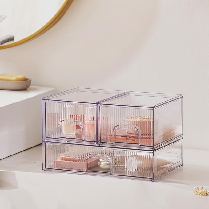 Clear Stackable Desk Storage Drawers, 3 Pack Acrylic Bathroom Makeup Organizers, Easily Assemble All Purpose Plastic Bins for Brightroom, Pantry Organization, Vanity, Undersink, Cabinet