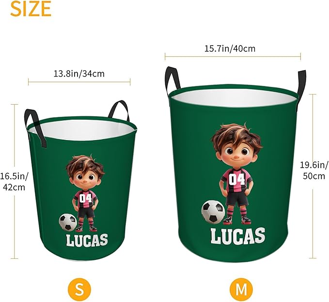 callie Personalized Soccer Laundry Basket for Kids, Custom Cartoon Character Toys Hamper Storage, Soccer Gifts for Boys Girls (13.8" x 16.5", 15.7" x 19.6")