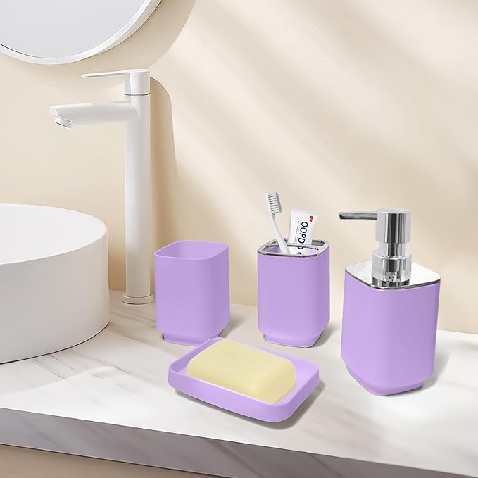 4 Piece Bathroom Accessory Sets, Light Purple Bathroom Accessories Sets Include Toothbrush Holders Set, Soap Dispenser, Soap Dish and Toothbrush Cup, Modern Bathroom Decoration