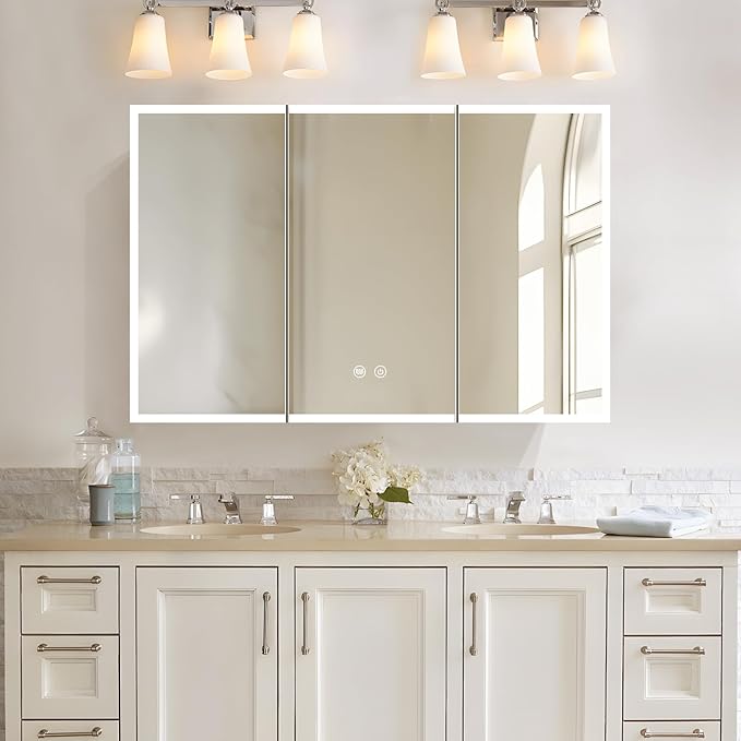 48×32inch Medicine Cabinet with Light,Recess Medicine Cabinet for Bathroom,3 Color,Dimmable,Demister,Detachable Side Plate for Recess Mount or Surface Mount