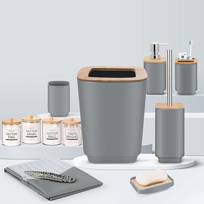IMAVO 11 Piece Grey Bathroom Set, Trash Can, Toilet Brush, Storage Tray, Complete Bathroom Accessories Organization Kit for Bathroom Décor and Home Gifts