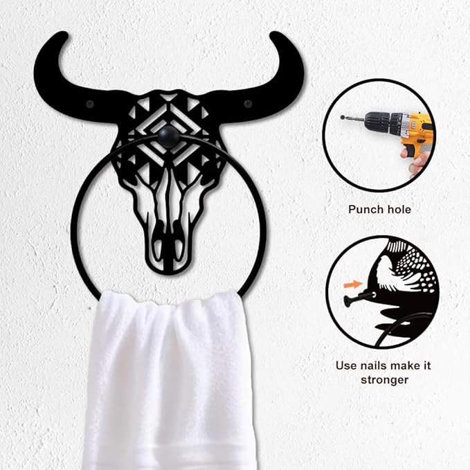 MAYJOYDIY Bull Skull Metal Towel Ring Western Cow Skull Towel Holder Country Western Style Wall Decor Towel Hanger Black Art Towel Rack Wall Mounted for Bathroom Kitchen Home Decors Gift