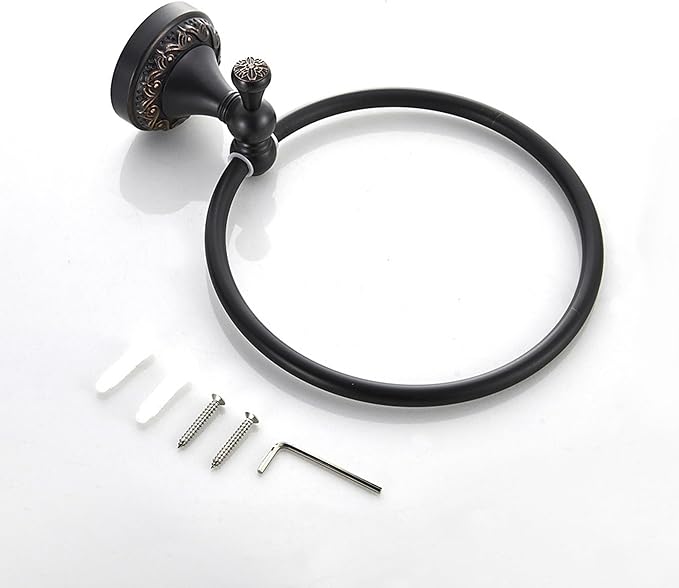 Oil Rubble Bronze Brass Bath Towel Ring, Wall Mounted Black Bathroom Hardware Accessories, Pattern Carving Design
