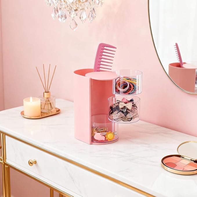 3-Layer Hair Accessories Organizer with Hair Brushes Holder,Rotatable Drawer Makeup Sponge Holder for Necklaces, Earring,Ring,Makeup Brushes,Hairs Clip 