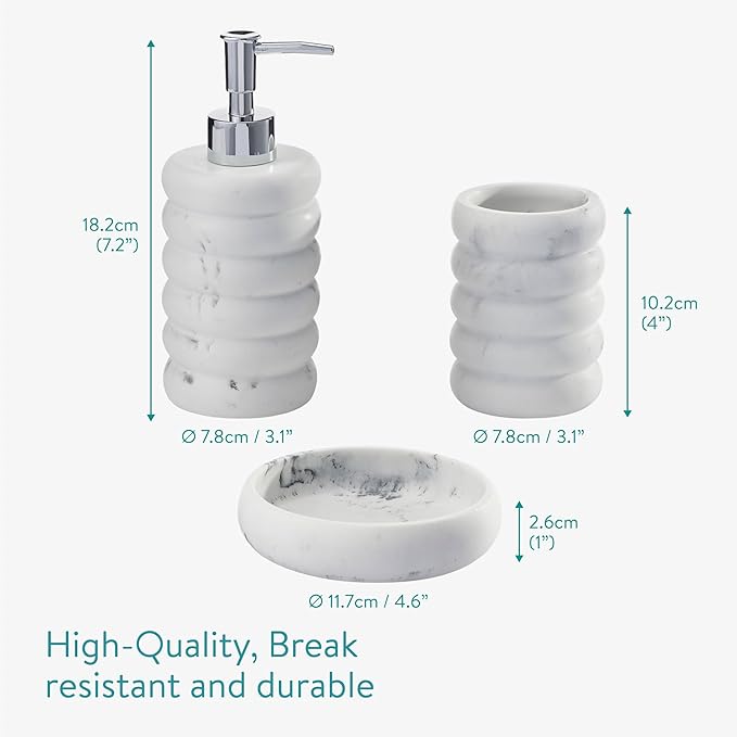 Navaris Decorative Bathroom Accessories Set - 3-Piece Bath Accessory Kit with Toothbrush Holder Liquid Soap Dispenser and Soap Dish Tray Set - White Marble