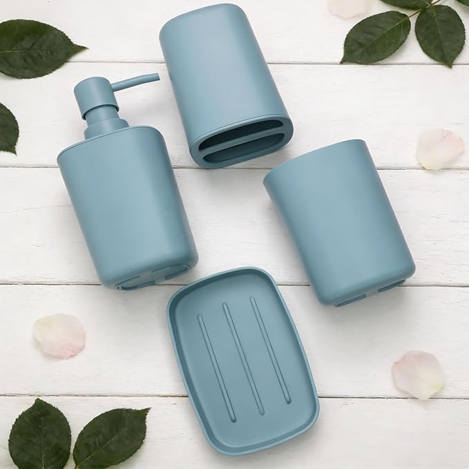 4 Piece Bathroom Accessories Set, Plastic Bathroom Accessory Set- Square Toothbrush Holder Set, Soap Dispenser, Toothbrush Holder, Mouthwash Cup, Soap Dish, Boho Modern Decor for Home, Blue