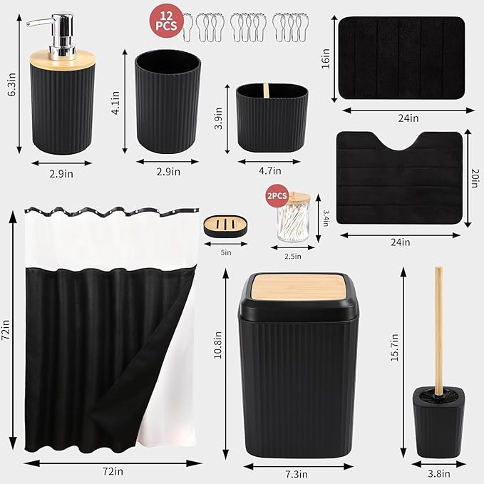 23 Pcs Bathroom Set with Shower Curtain and Rugs Black Bathroom Accessory Set, Shower Curtain with Liner, Memory Foam Bathroom Rugs, Toilet Brush, Trash Can, Soap Dispenser, Countertop Set