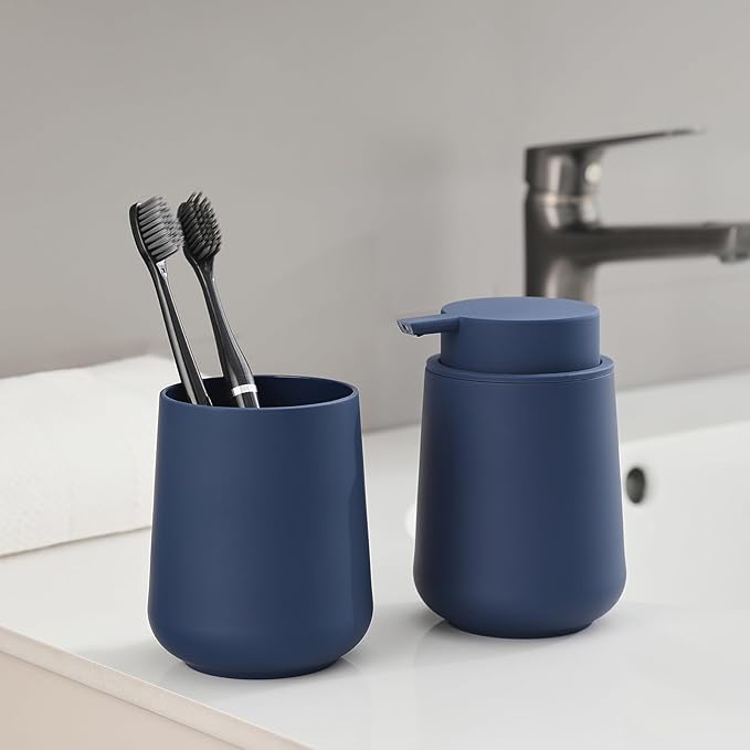 YAUKPH Matte Blue Bathroom Accessories 2 Piece Set Plastic Soap Dispenser and Toothbrush Holder for Modern Bathroom Decor