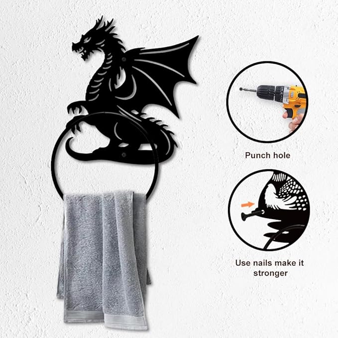 MAYJOYDIY Dragon Pattern Towel Ring Metal Hand Towel Holder Flying Dragon Side Towel Ring Wall Mounted Animal Hand Towel Holder Metal Round Towel Rack for Bathroom Home Hanging Accessories