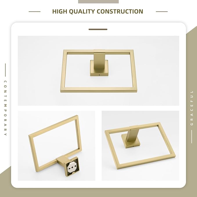 Angle Simple Towel Ring Square, SUS304 Stainless Steel Hand Towel Holder for Bathroom Wall, 7.09 Inches, Brushed Gold