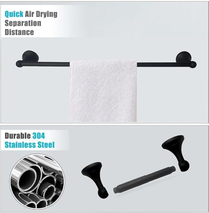 SUNTAI 4 Piece Bathroom Accessory Set(Adjustable Towel Bar, Towel Ring, Toilet Paper Holder,Towel Hook), Wall Mounted Bathroom Hardware Accessories Set,Matte Black