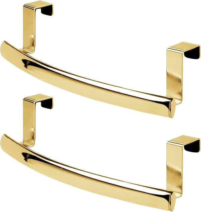 mDesign Steel Over Door Curved Towel Bar Storage, Hanger for Cabinet or Cupboard, Holder Rack for Kitchen, Bathroom - Holds Hand/Dish Towels, Washcloths - Spira Collection - 2 Pack - Soft Brass
